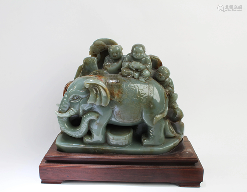 Chinese Carved Green Jade Elephant Ornament