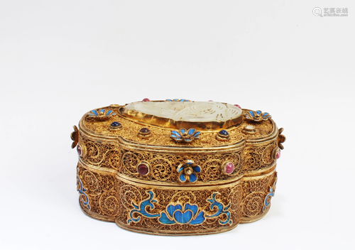 Chinese Gilt Silver, White Jade and Stone Covered Box