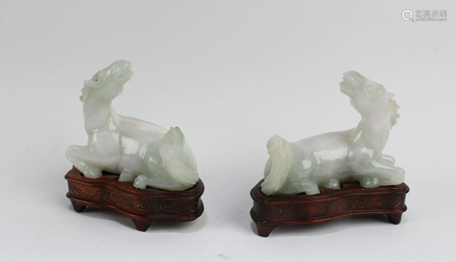 Antique Pair of Carved Jadeite Jade Horse Figurines