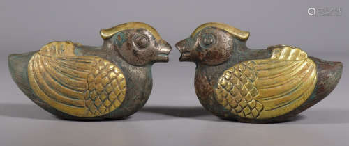PAIR OF GILT SILVER BRUSH WASHER SHAPED WITH DUCK