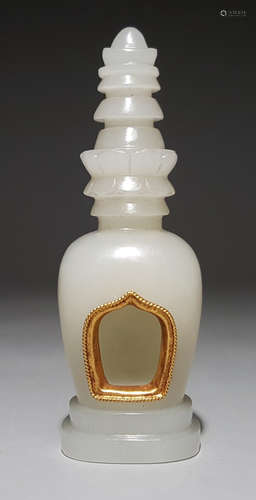 HETIAN JADE PAGODA EMBEDDED WITH GILT SILVER