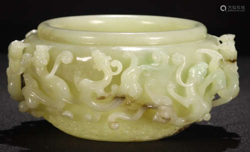 HETIAN JADE CARVED BRUSH WASHER WITH DRAGON PATTERN