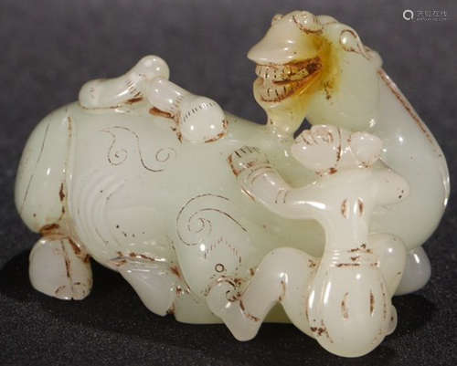 ANTIQUE JADE CARVED FIGURE AND BEAST