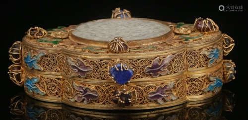 GILT BRONZE BOX WITH CARVING EMBEDDED WITH GEMS