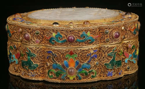 GILT BRONZE ENAMELING BLUE EMBEDDED WITH HETIAN JADE BOX