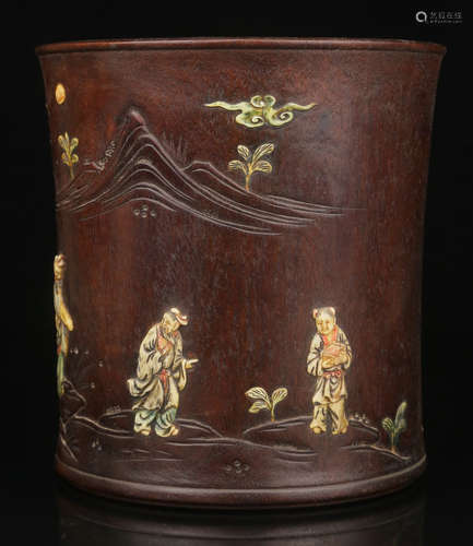 ZITAN WOOD CARVED BRUSH POT