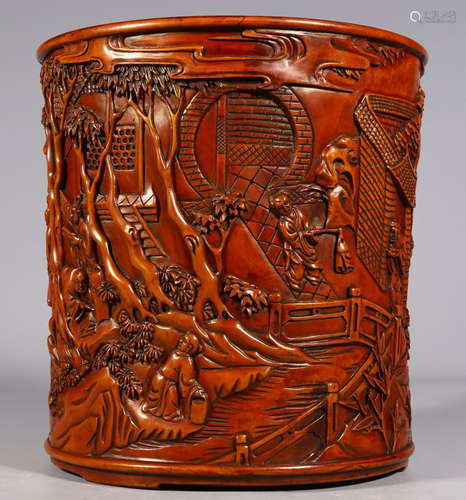 HUANGYANG WOOD BRUSH POT CARVED WITH STORY