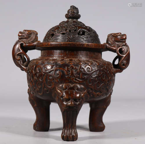 CHENXIANG WOOD CENSER CARVED WITH FLOWER&BEAST