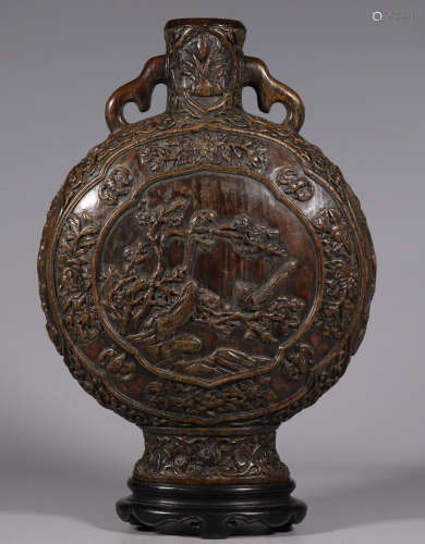 CHENXIANG WOOD VASE CARVED WITH FLOWER&BIRD