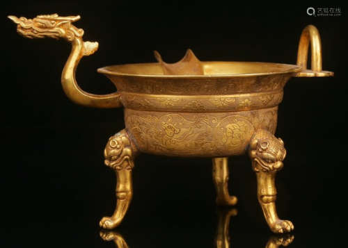 GILT BRONZE CUP WITH DRAGON CARVING