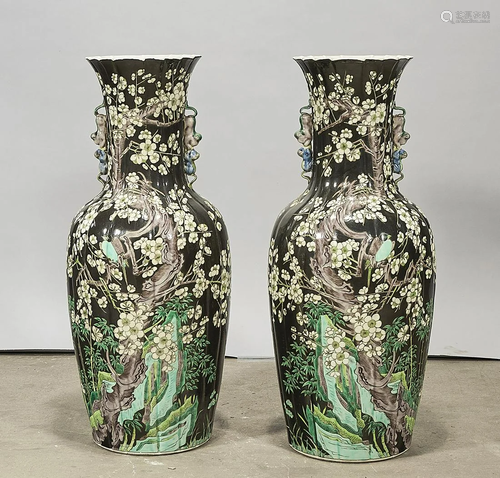 Pair Tall Chinese Enameled Porcelain Vases