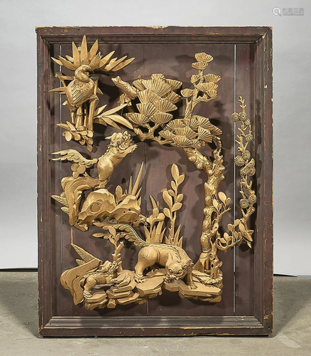 Chinese Gilt Carved Wood Relief Panel