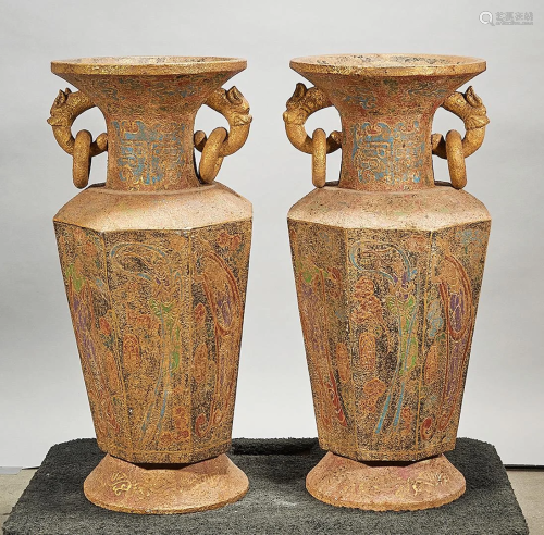 Pair Tall Chinese Polychrome Stone Vases