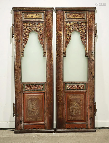 Pair Chinese Painted Wood and Glass Doors