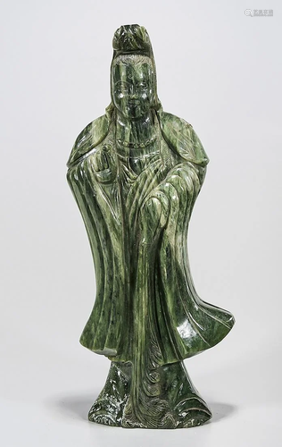 Chinese Green Carved Hardstone Figure of Guanyin