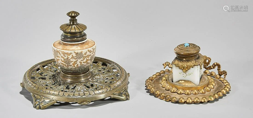 Two Vintage Metal and Ceramic Inkwells