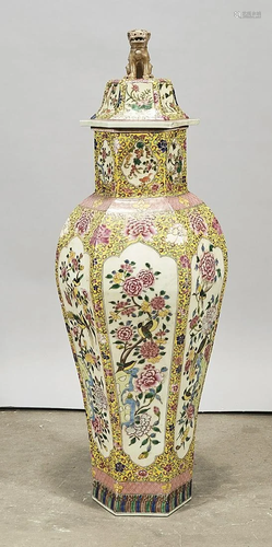 Tall Chinese Enameled Porcelain Hexagonal Covered Vase