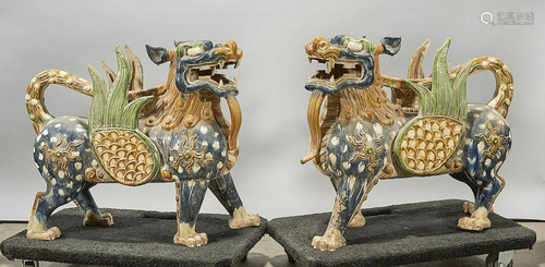 Pair Chinese Polychrome Glazed Pottery Qilin