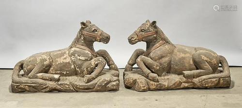 Pair Chinese Carved Wood Horses