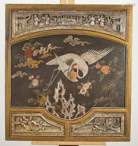 Chinese Carved and Painted Wood Panel