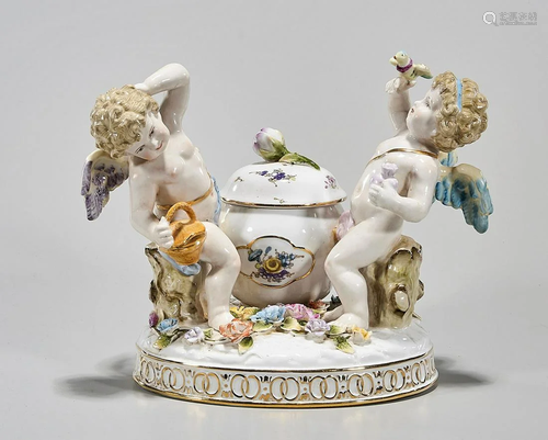 European Porcelain Covered Candy Dish with Cherubs