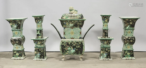 Five-Piece Chinese Enameled Porcelain Altar Garniture