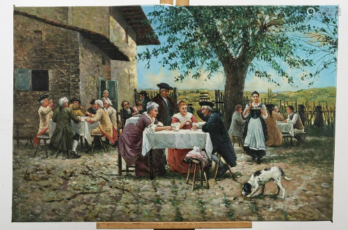 Oil on Canvas Painting of an Outdoor Dining Scene