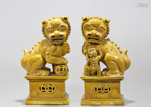 Pair Chinese Yellow Glazed Porcelain Fo Lions