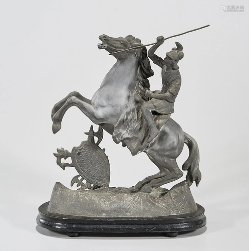 Metal Sculpture of Horseman with Spear