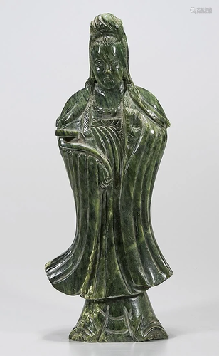 Chinese Green Carved Hardstone Figure of Guanyin