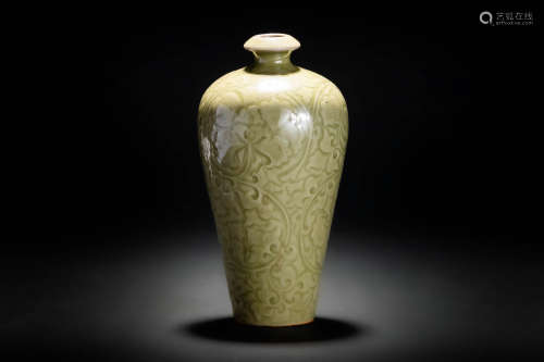 明 耀州窯 青磁 彫花鳥紋瓶子