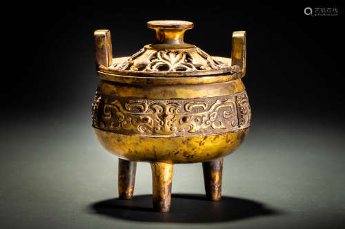 大明宣徳五年款 古銅金鍍金 金銅饕餮紋香炉