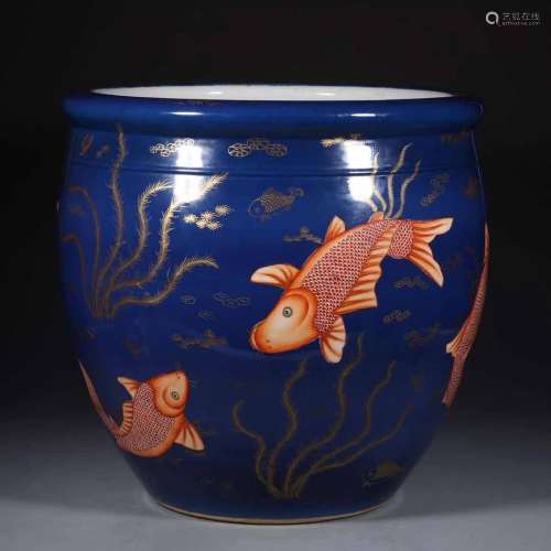 清康熙年间，雪花蓝矾红描金鱼藻纹大缸