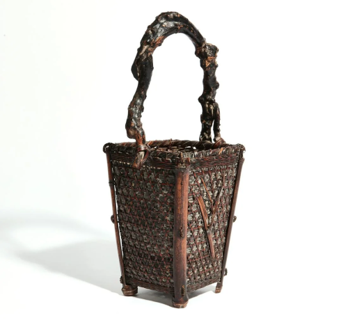 Japanese bamboo and burlwood basket, Meiji Period