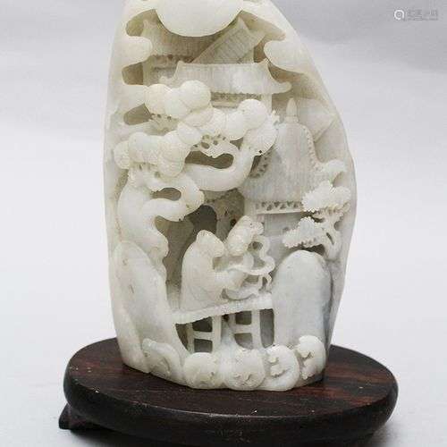 White Jade sculpture, curved on wooden base , Qing…