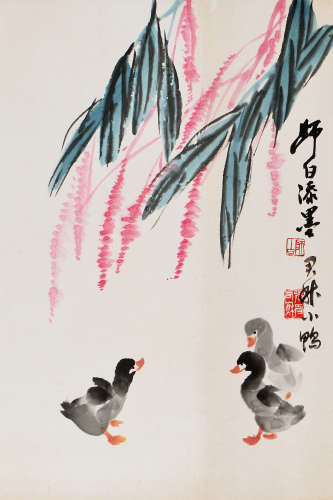 張君秋(1920-1997)、婁師白(1918-2010) 合作  紅蓼鴨趣圖 設色紙本 立軸