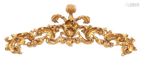 An abundantly carved gilt wooden Baroque style bed ornament, probably 18thC, H 53 - W 145 cm