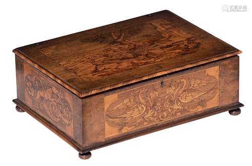 A fine walnut covered box, decorated with marquetry depicting to the top the mythological story of P