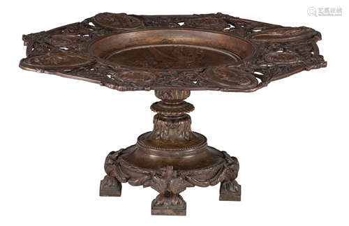 A patinated bronze Renaissance-inspired tazza, the top decorated with basso-relievo medallions, depi