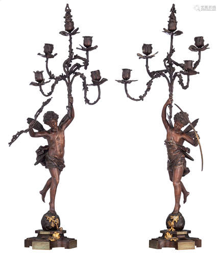 Rancoulet E., a pair of patinated bronze candelabras, titled 'La Nuit tout Repose' and 'Retour du Pr