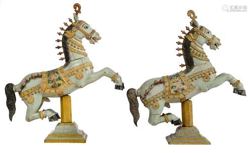 Two wooden polychrome painted prancing carousel horses, H 114 - W 102 - D 27 cm