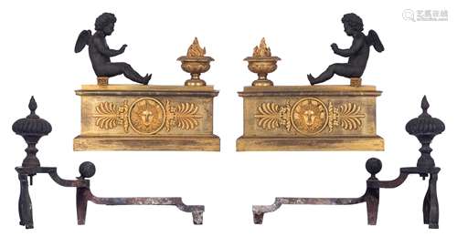 A pair of gilt and patinated Empire style chenets and andirons, the chenets decorated with female ma