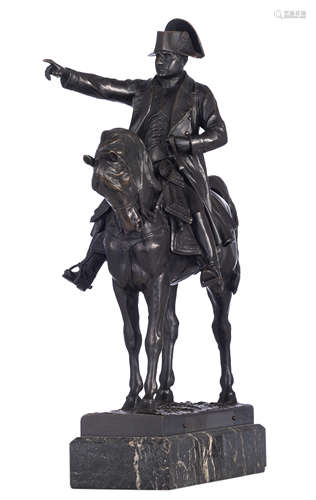 Guilbert E., Equestrian of Napoleon, dated 1910, patinated bronze on a vert de mer marble base, H 40