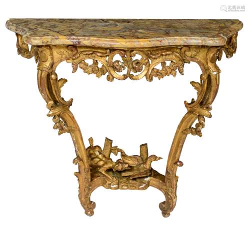 A gilt wooden Rococo console table, the bottom decorated with a carved scene of a dog chasing a duck