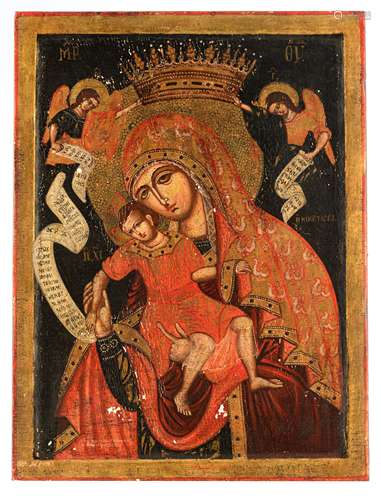 A large Eastern European icon representing the Holy Mother and Child, surrounded by two angels, 60 x