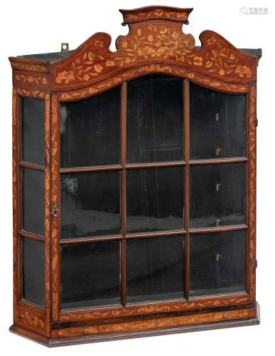 An 18thC Dutch wall display cabinet, decorated with floral mahogany and cherrywood marquetry veneer,
