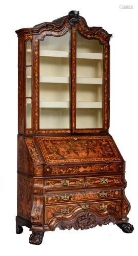 A fine burr and walnut veneered Dutch secretary with a matching display cabinet on top, decorated wi