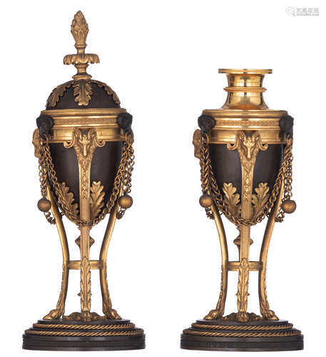 A pair of ormolu and patinated bronze Louis XVI period cassolettes candlesticks, decorated with goat