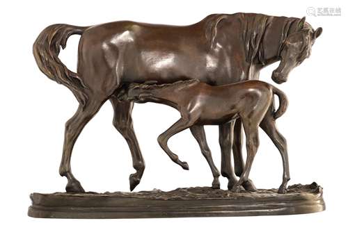 MŠne P.J., a horse nursing her foal, patinated bronze, H 18 - W 27 cm