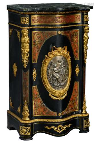A fine Napoleon III ebonised wooden 'meuble d'appui' with a wavy front, decorated with Boulle marque